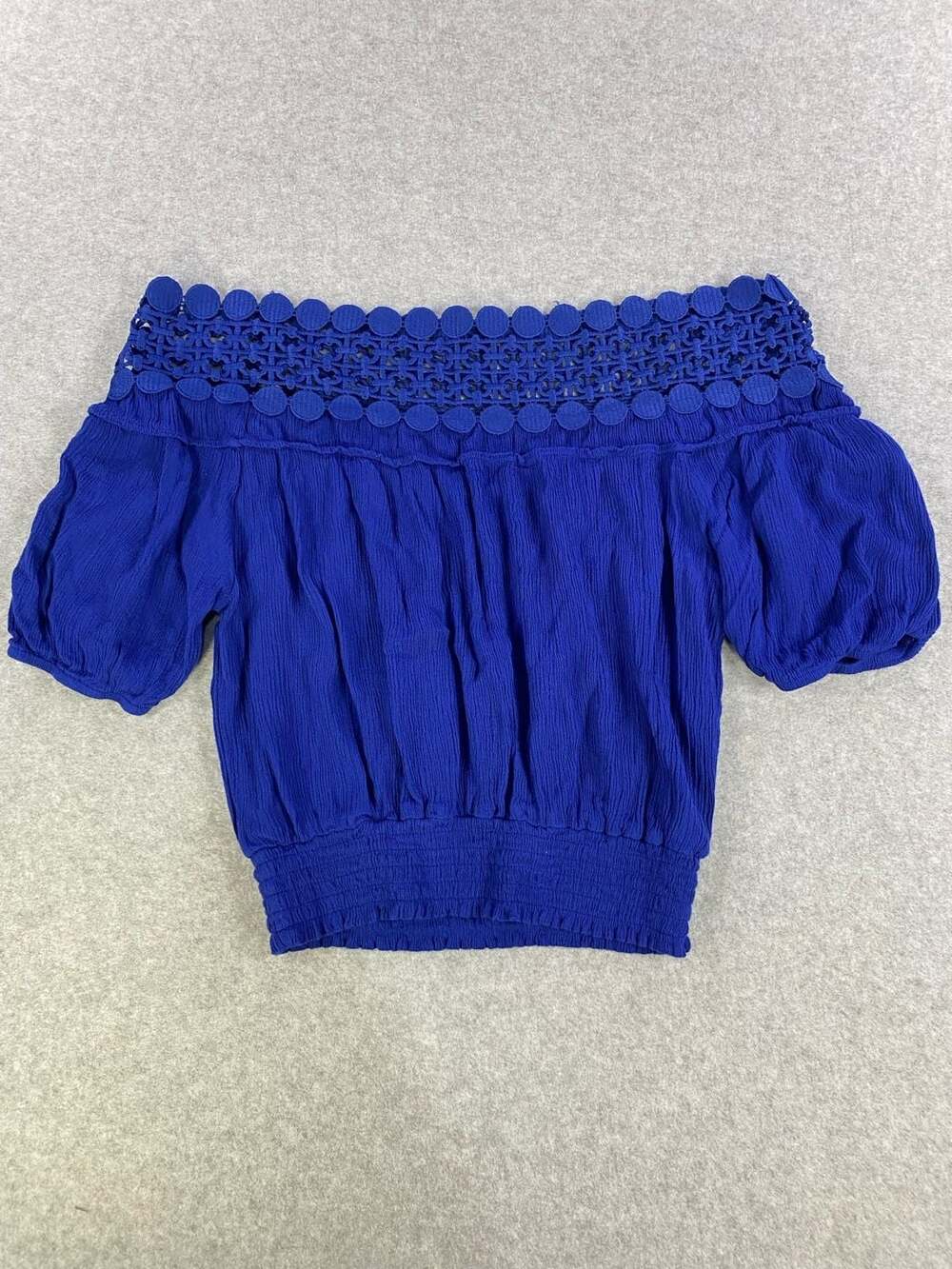 Shinestar Women's Royal Blue Off-Shoulder Crochet Trim Puff Sleeve Blouse